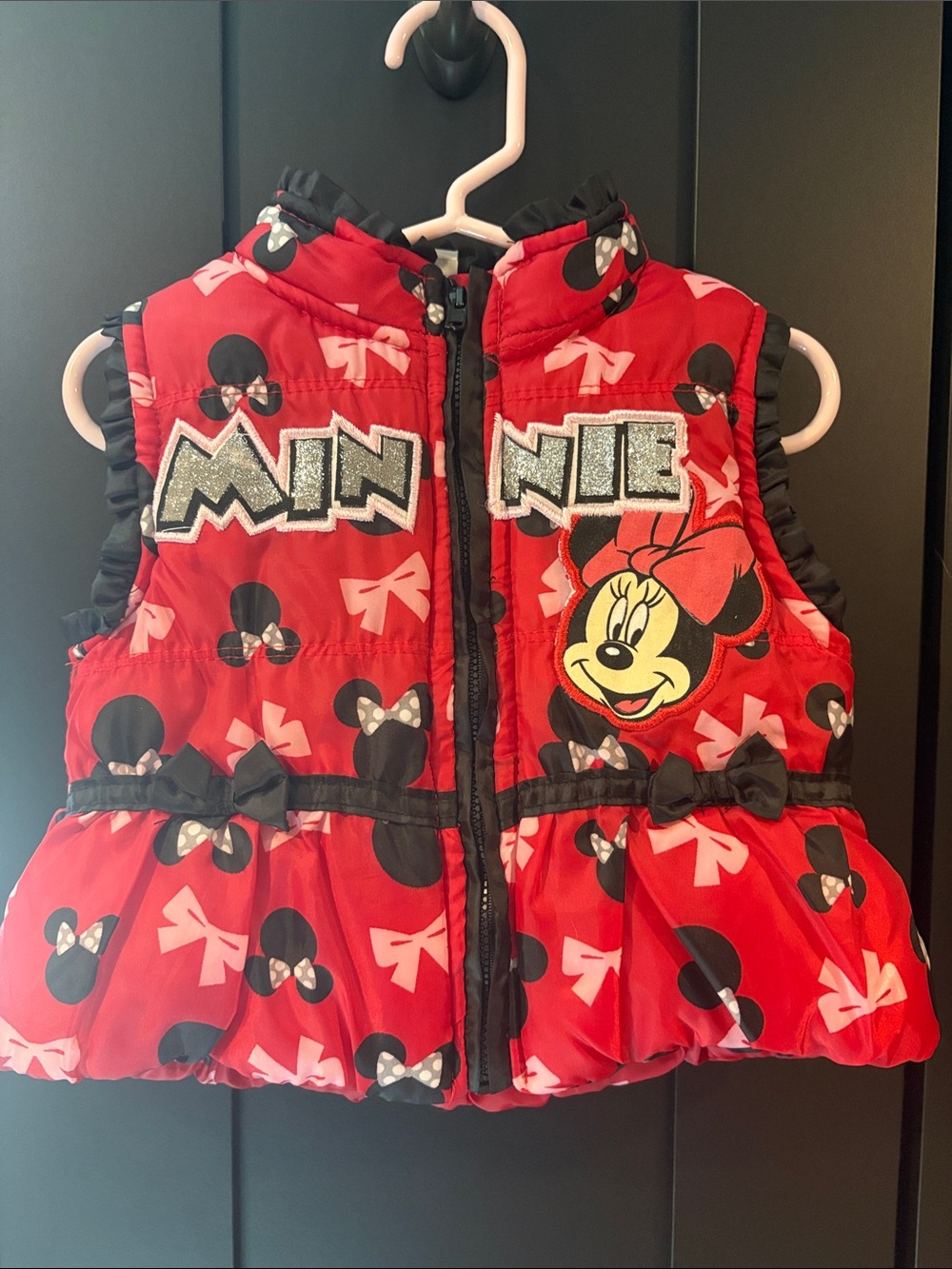 Disney Minnie Mouse Red Black Bow Puffer Vest